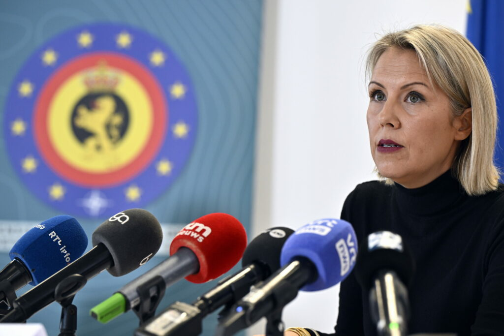 Defence Minister Ludivine Dedonder pictured during a press conference concerning 'serious events that have taken place within Belgian Army, Thursday 14 March 2024. Credit: Belga / Eric Lalmand