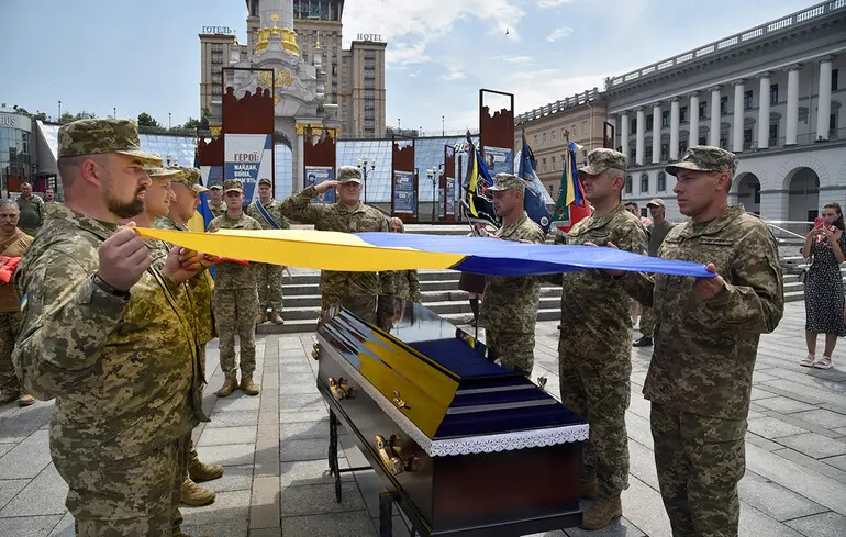 In Kyiv, mourners bid farewell to captain Roman "Orlyk" Orishchenko, a longtime activist, scout, and commander of the 72nd brigade
