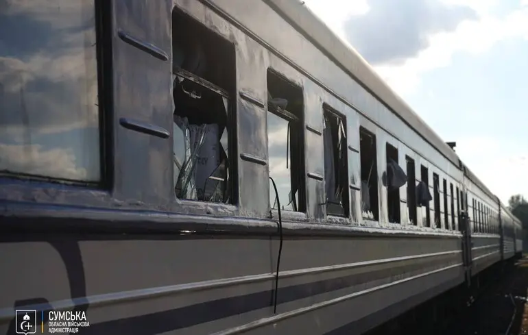 Russian forces drone strike railway station in Sumy, damaging train