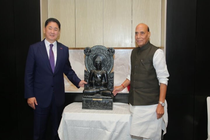 Rajnath Singh meets Mongolian president Ukhnaa, presents Khiching Stone Buddha as a cultural gift