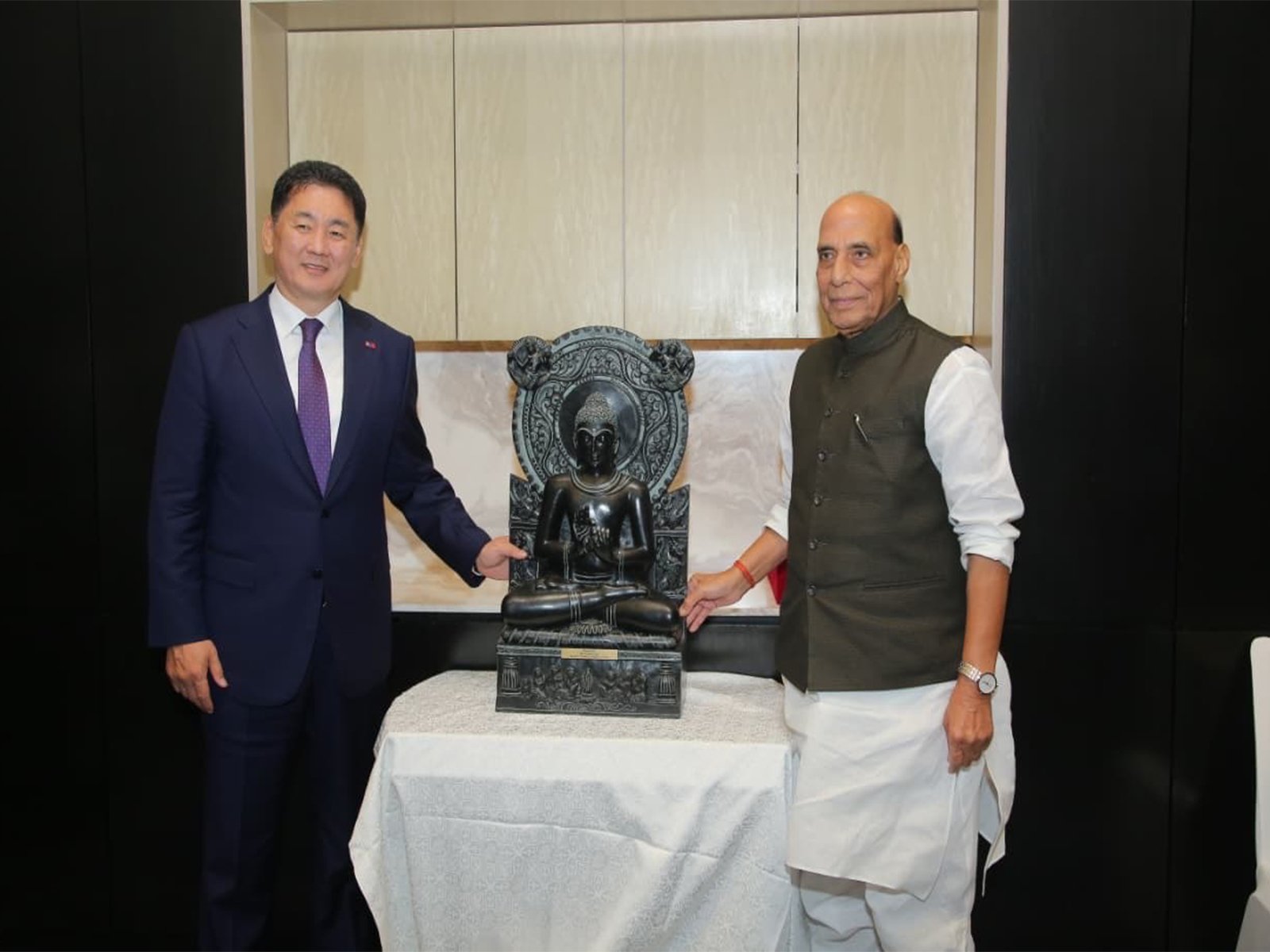 Rajnath Singh meets Mongolian president Ukhnaa, presents Khiching Stone Buddha as a cultural gift