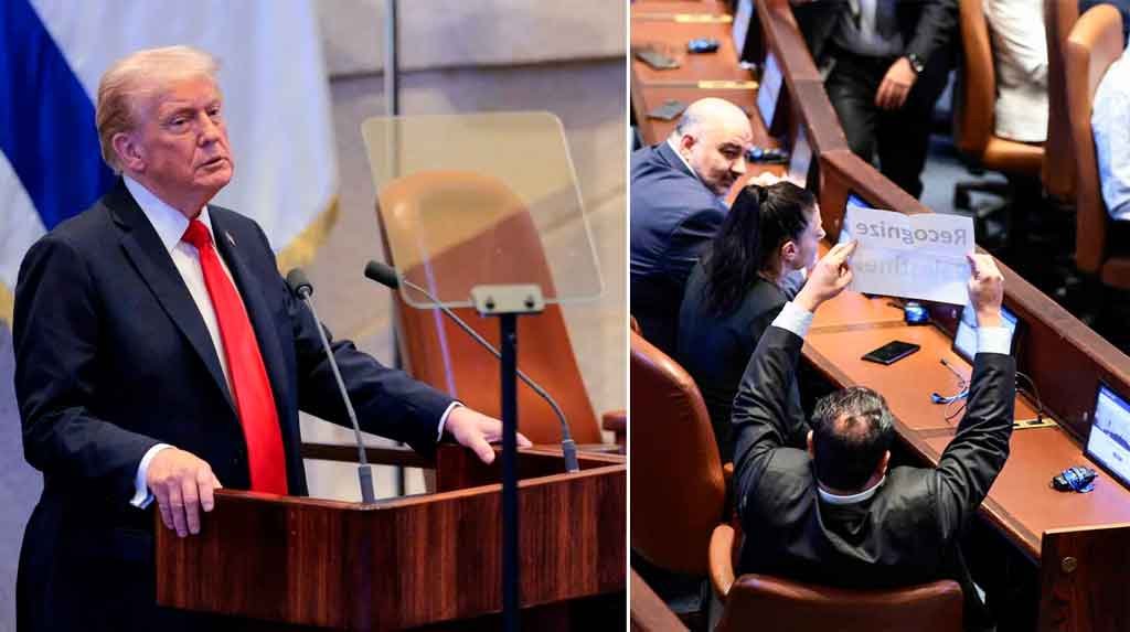 Trump interrupted by protesters during speech in Israel advocating for Palestinian recognition